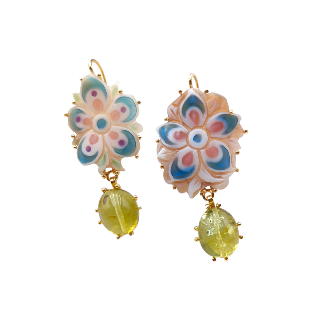 "Flowers and Amber" Cameo Earrings Mounted on Silver