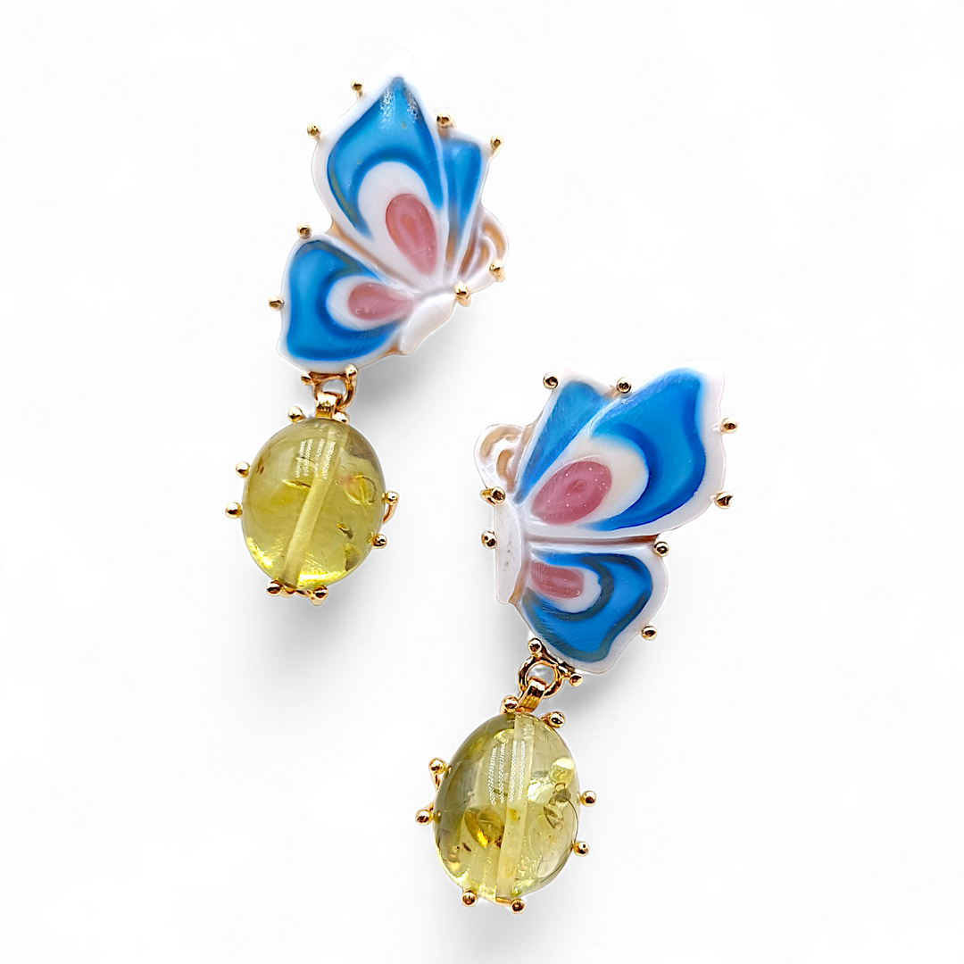 "Butterflies and Amber" earrings cameo and amber mounted on amber