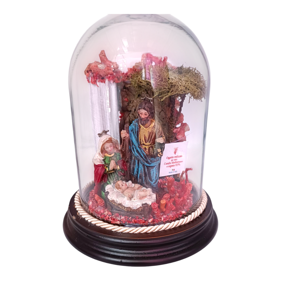 Presepe natività in campana con base di corallo