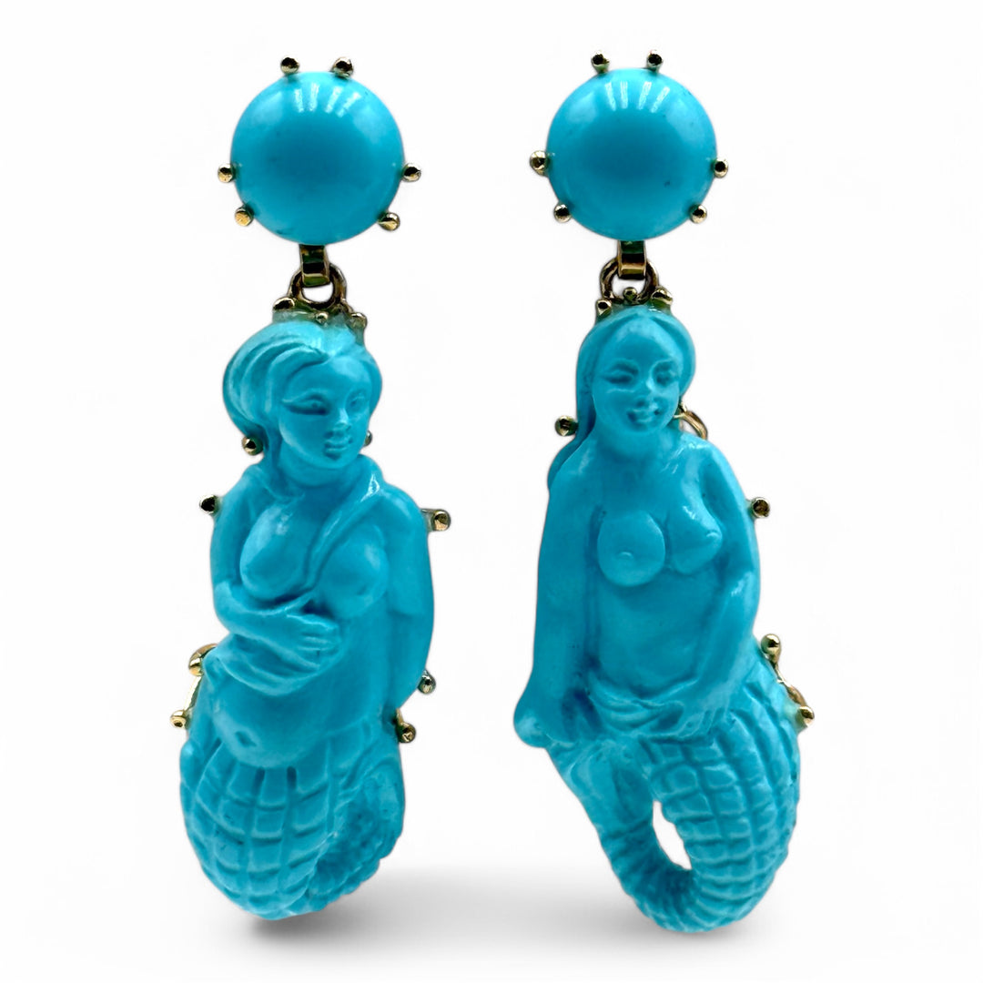 “The Sirens” earrings in turquoise paste mounted on silver