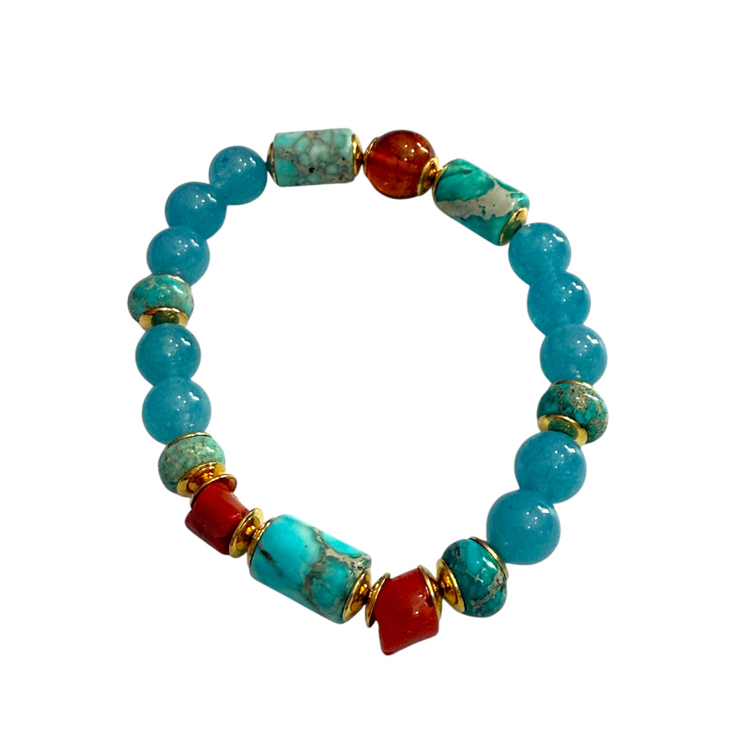 Amber, coral and agate bracelet