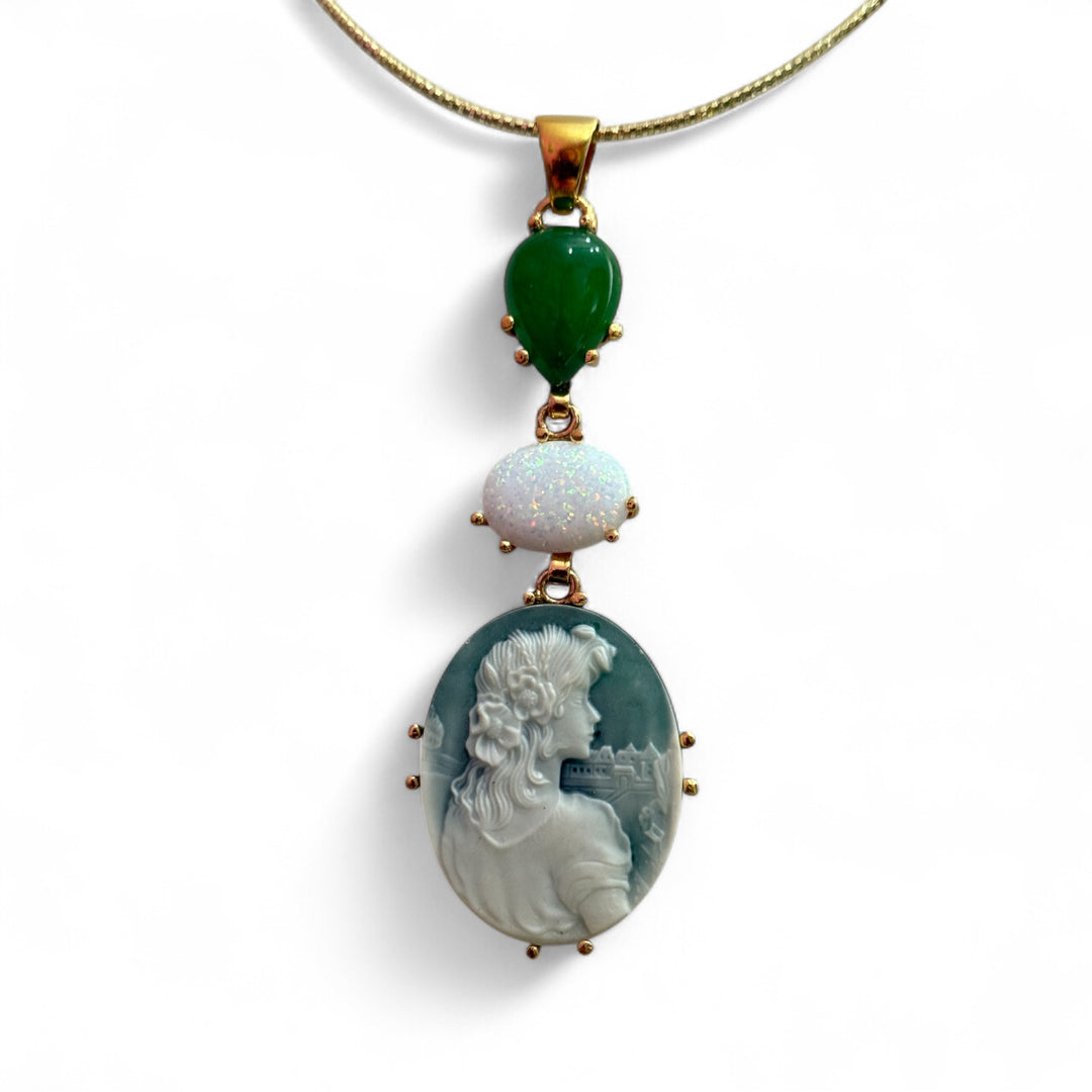 Green Agate, Jade and Opal Goddess Pendant Necklace Mounted on Silver