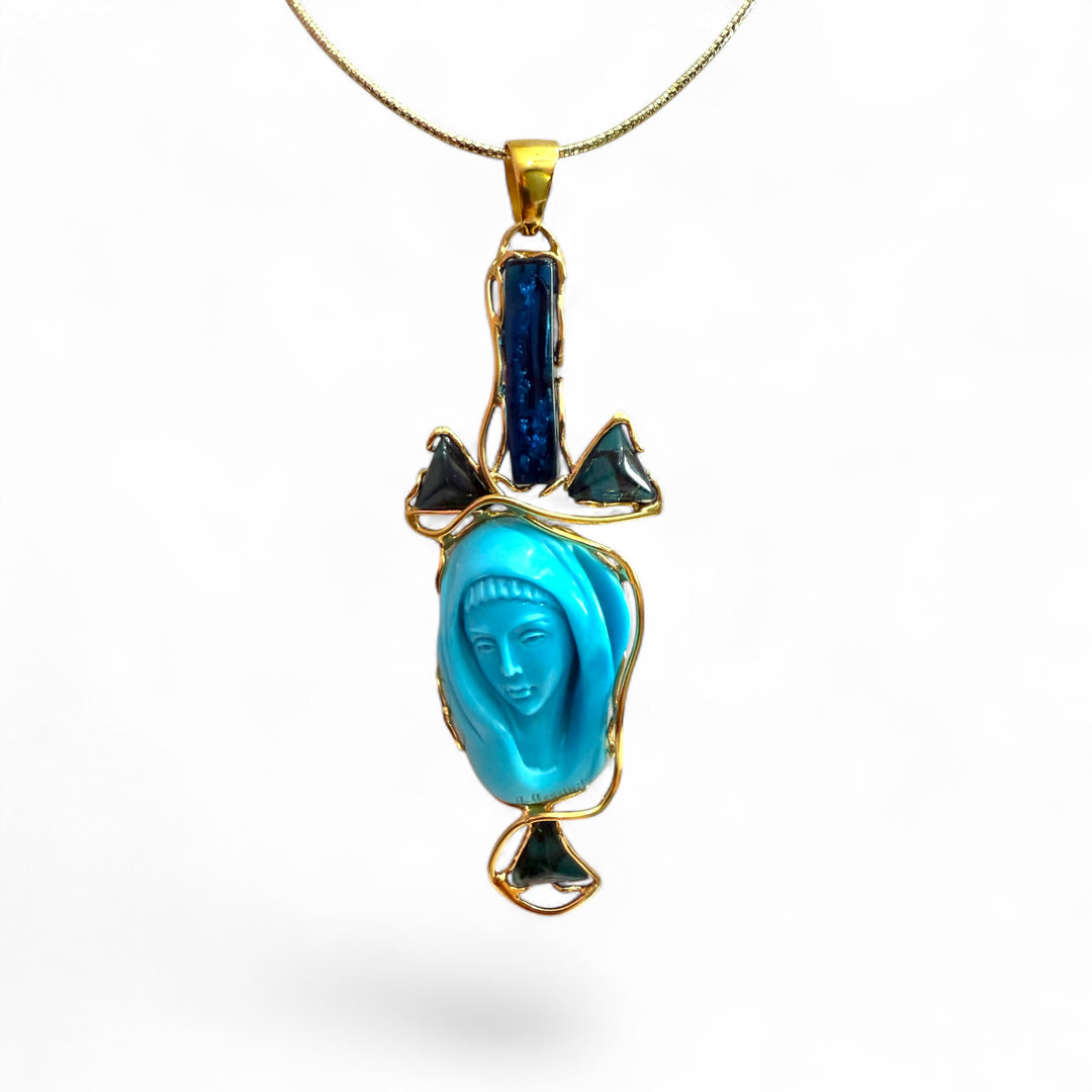 Pendant necklace "Madonna della pace" in original turquoise and amber mounted on silver