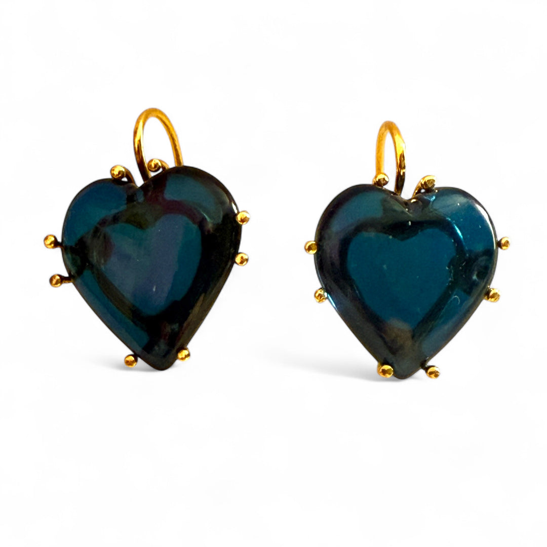 Baltic blue amber heart earrings set on silver