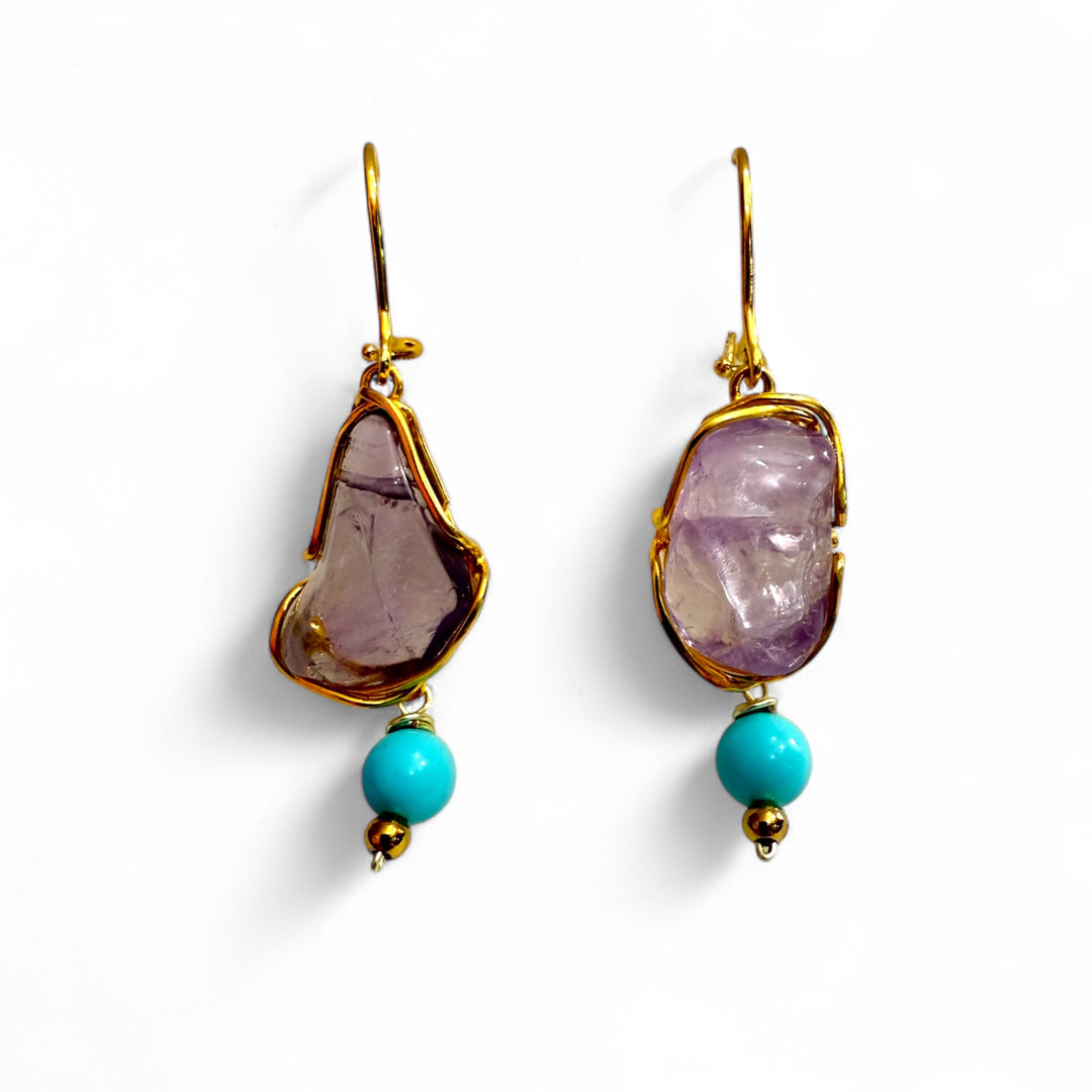 Amethyst and turquoise paste earrings mounted on silver