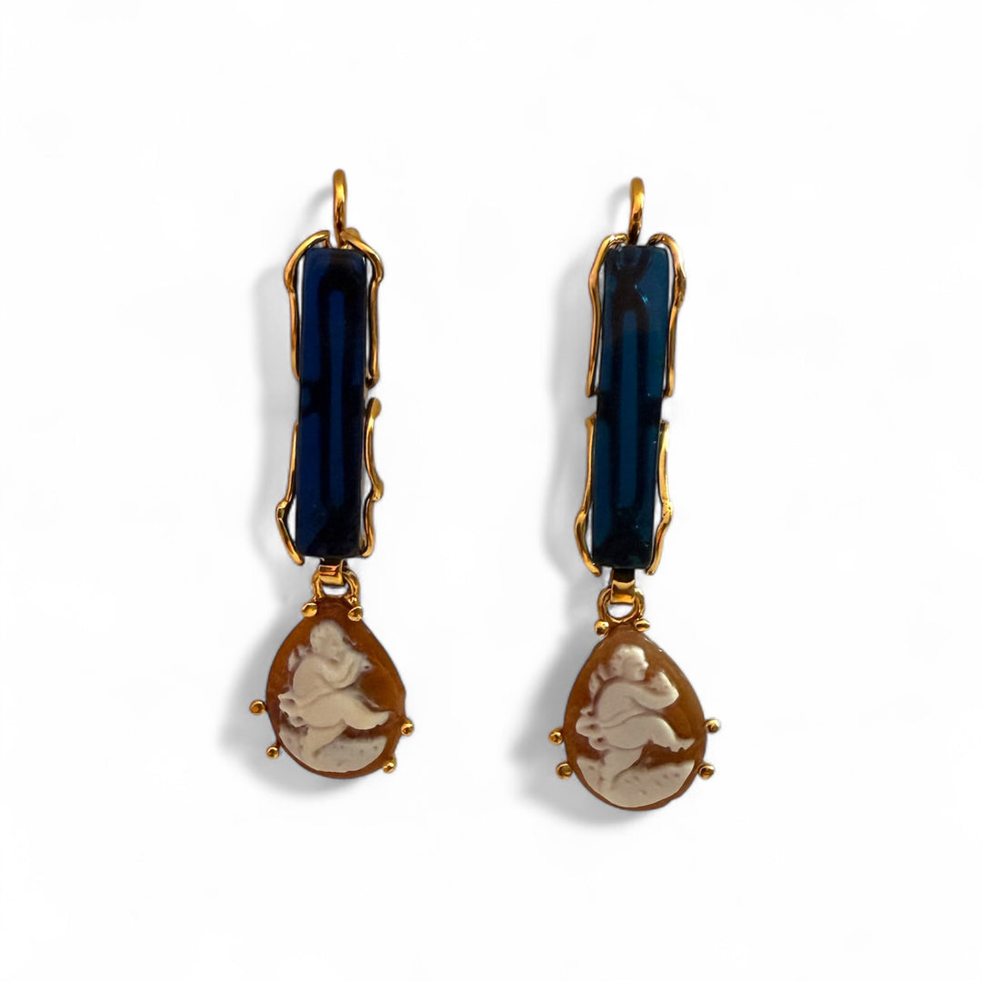 Angel earrings cameo and amber mounted on silver