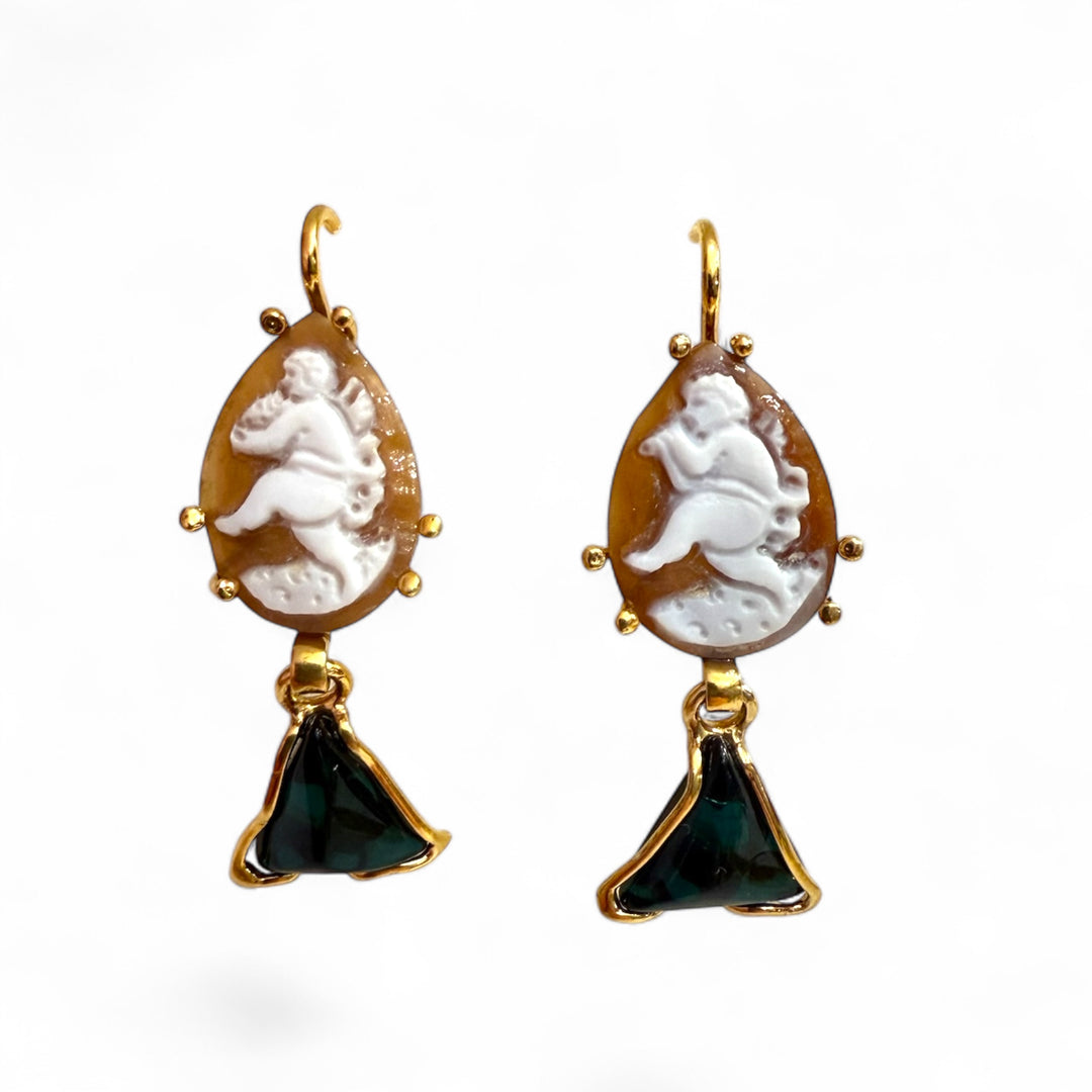 Angel earrings on cameo and blue amber mounted on silver