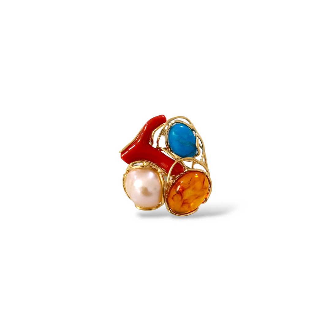 Ring in real coral branch mounted on gold plated silver