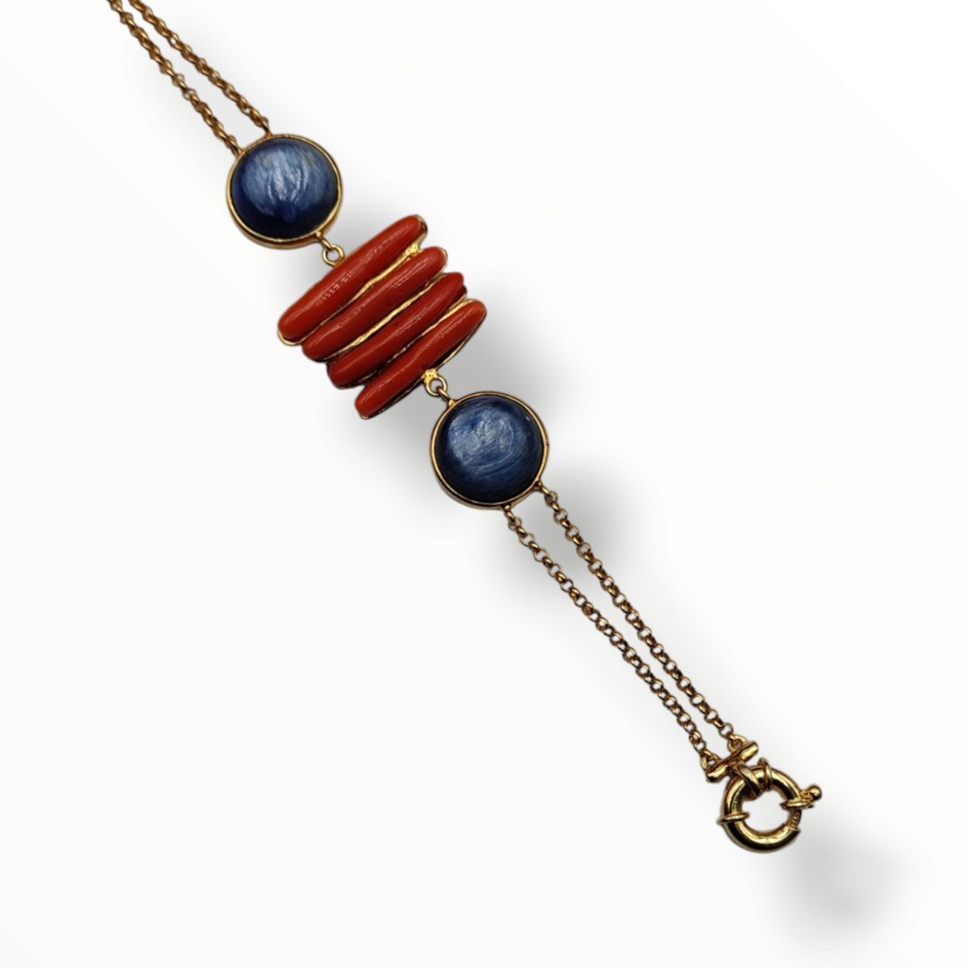 Kyanite and coral bracelet mounted on silver