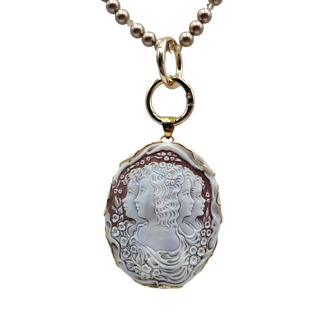 The Four Sisters Pendant Necklace Engraved on Sardonic Shell and Mounted on Gold Plated Silver