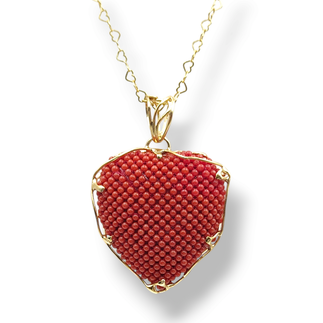 Collana cuore di corallo grande in tessito montato su argento galvanica oro