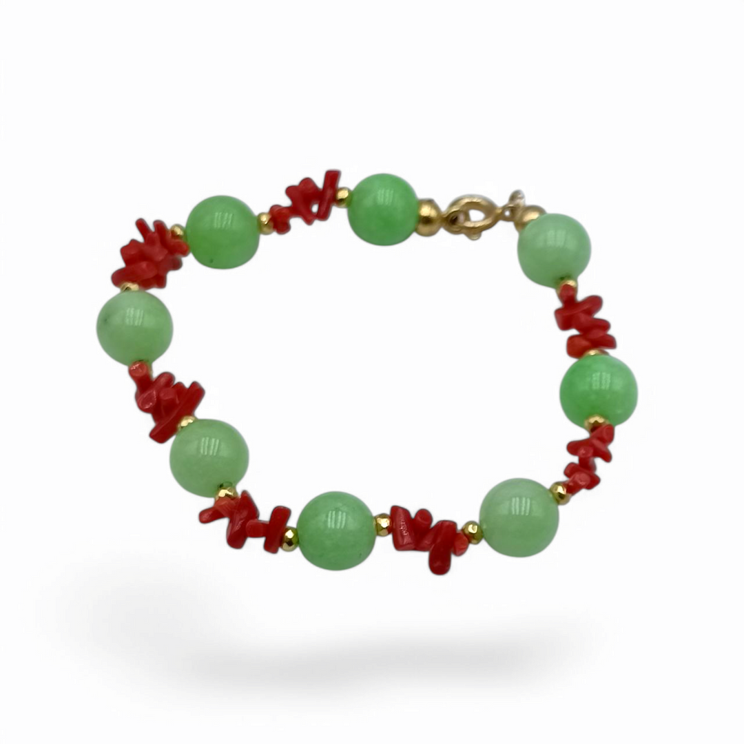 Green jade and red Mediterranean coral bracelet mounted on silver