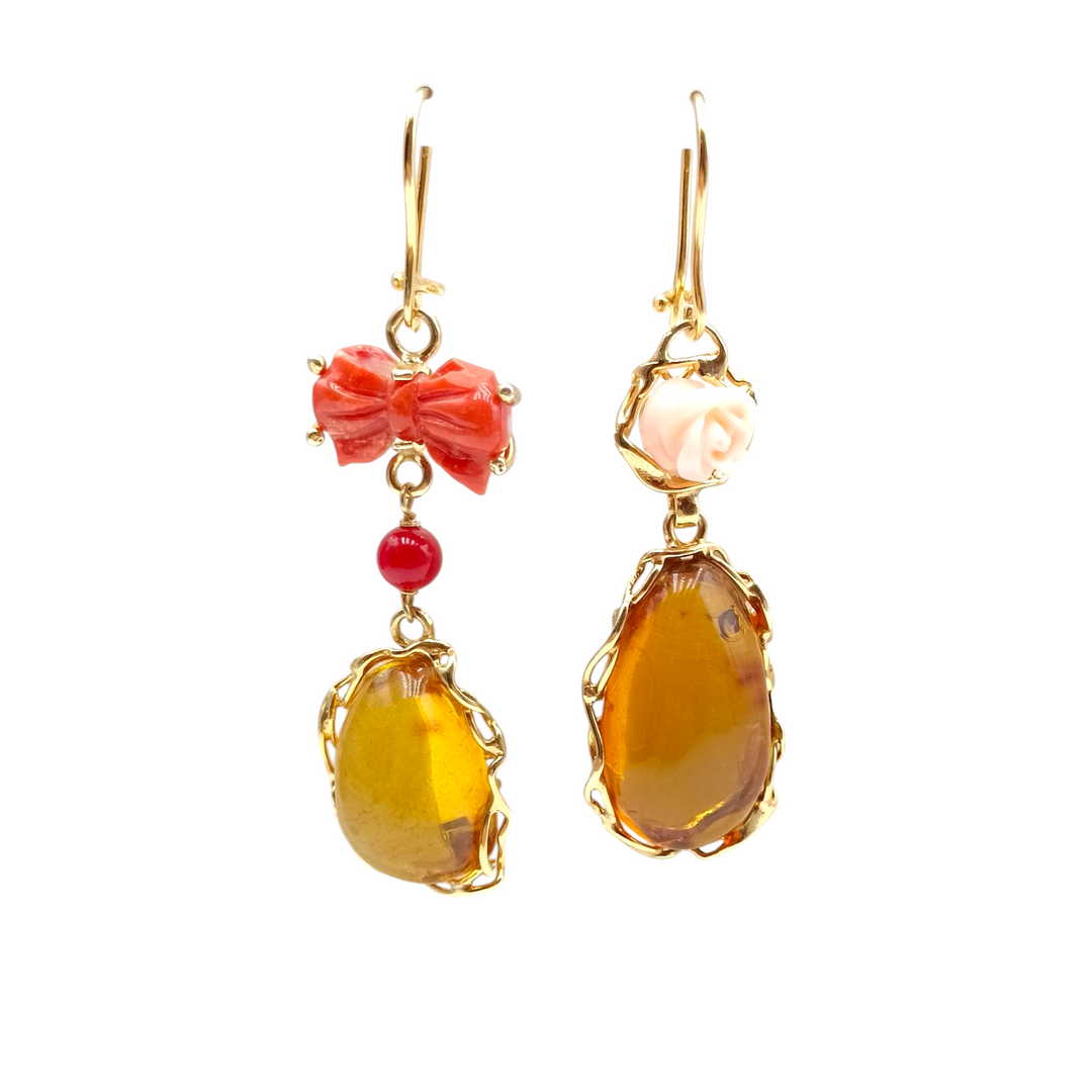 Pink and bow earrings of coral and Baltic amber mounted on silver