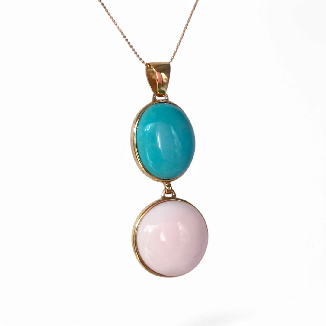 Collana ciondolo corallo rosa e turchese originale e corallo rosa vero montato su argento placcato oro