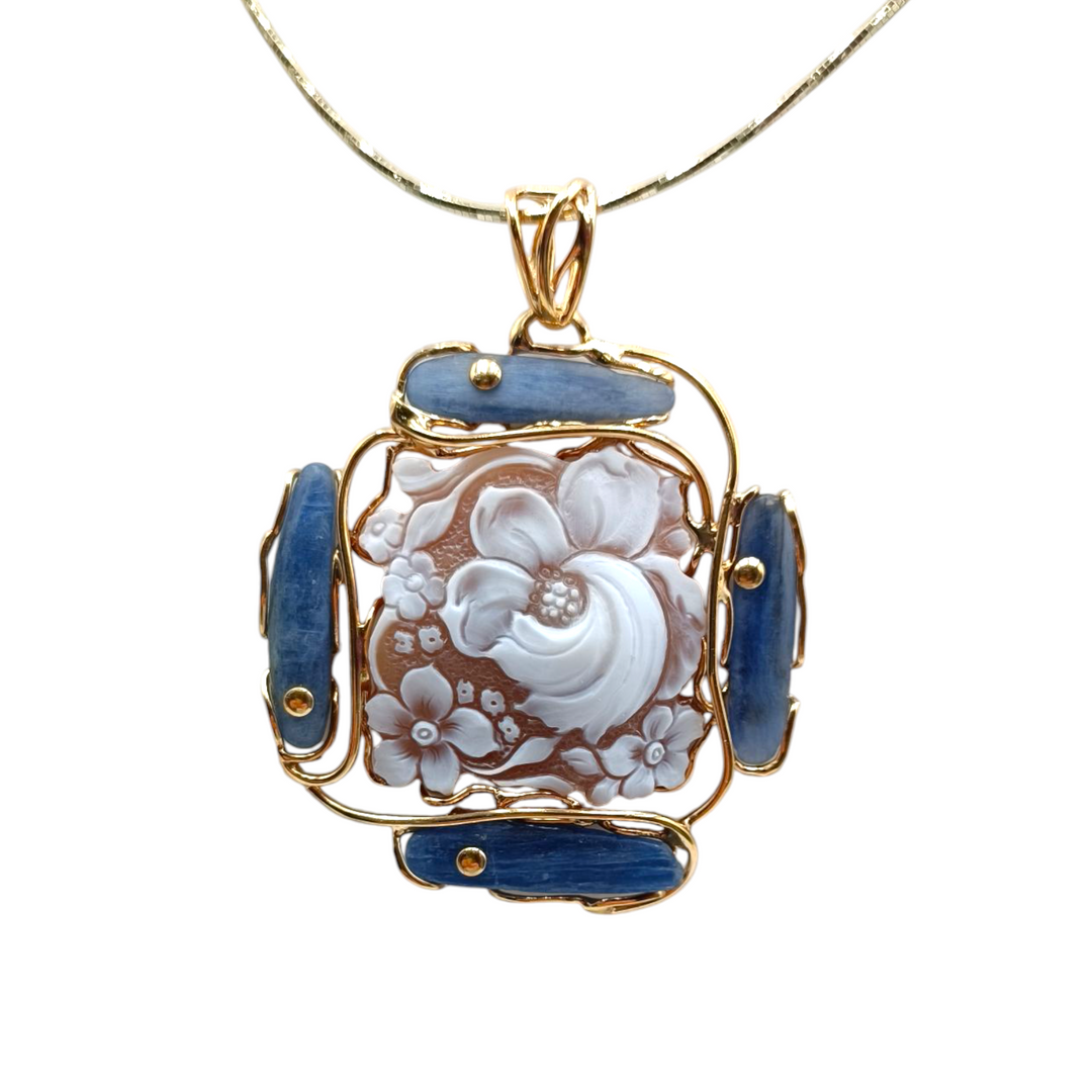 Kyanite flower pendant necklace and cameo mounted on silver