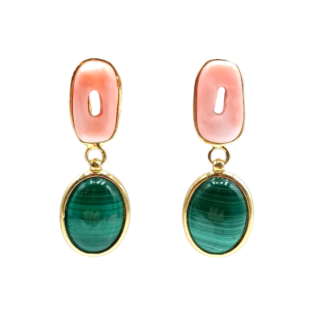 Pink coral and malachite earrings mounted on silver