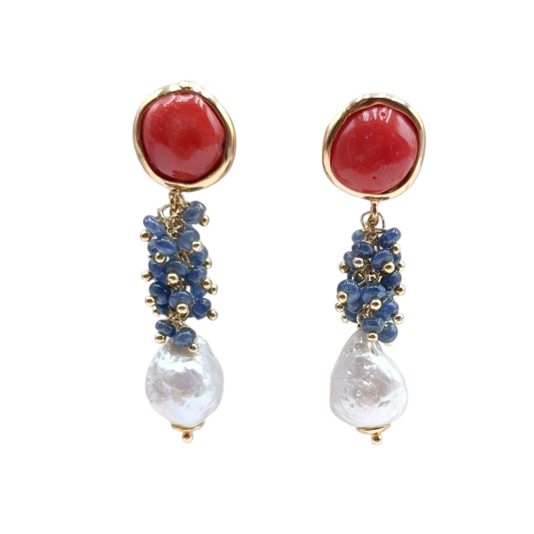Sapphire, coral, pearl earrings mounted on silver