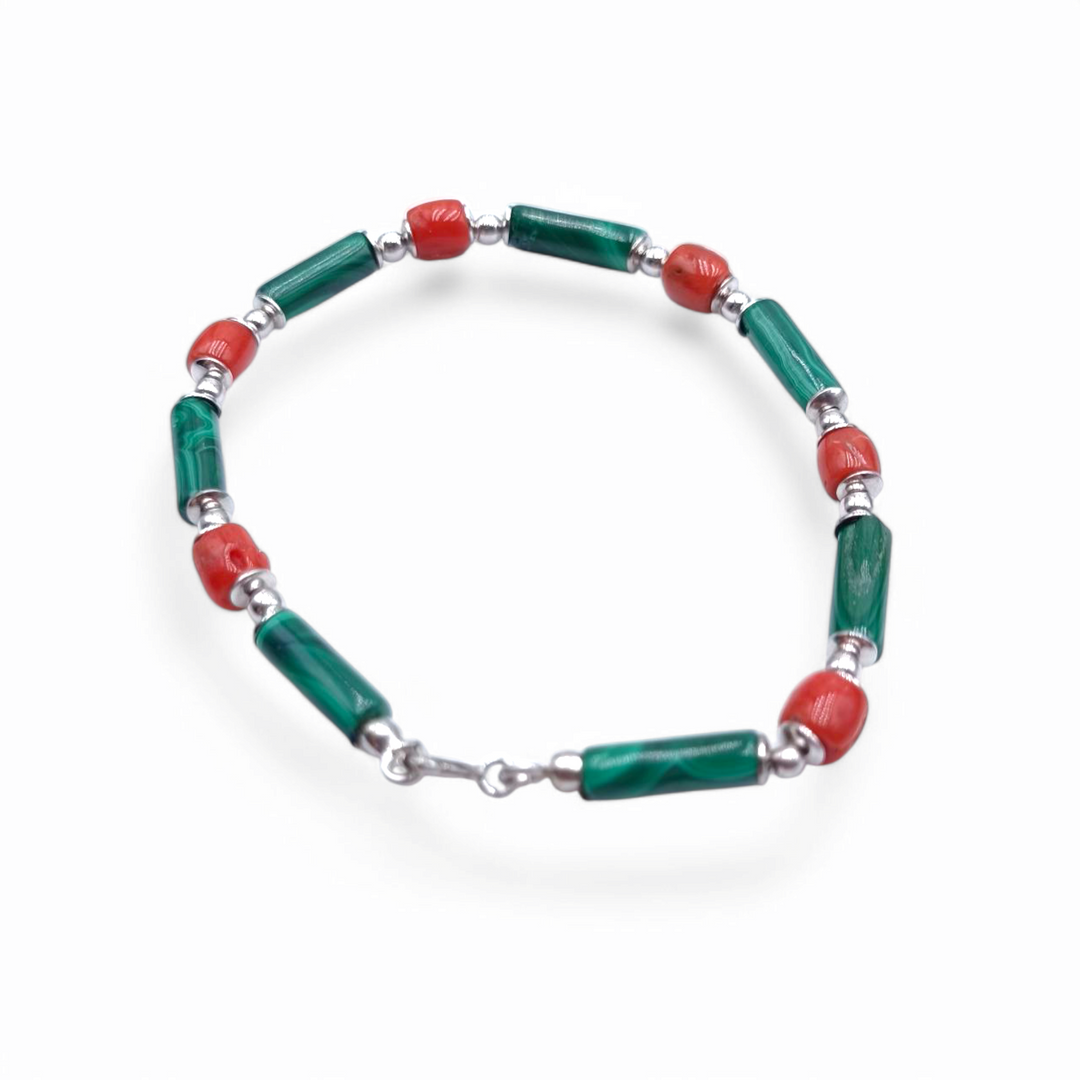 Men's bracelet, green malachite, coral and silver