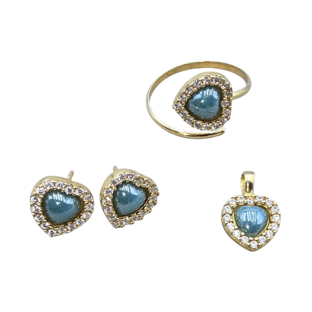 Trio of blue agate hearts mounted in gilded silver