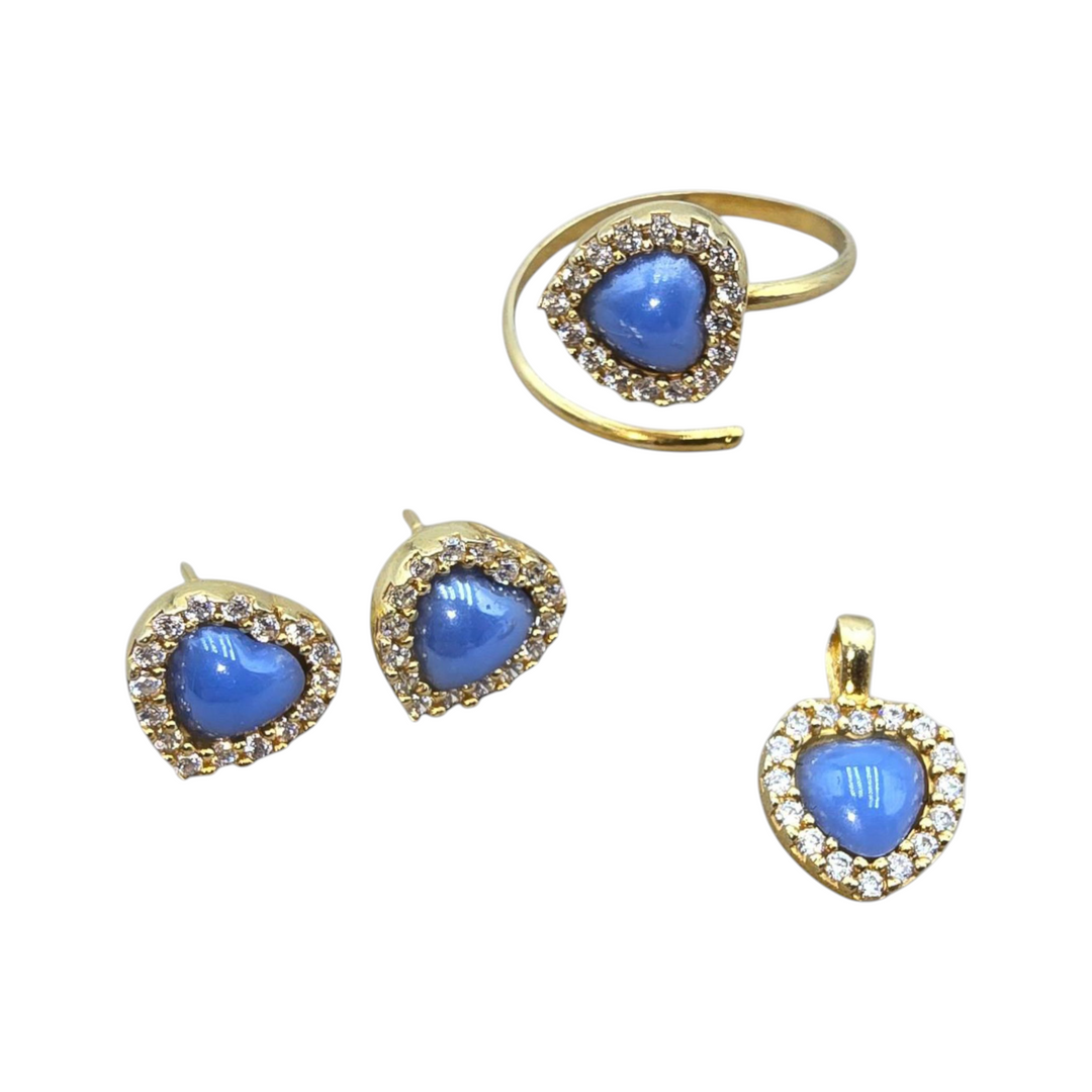 Trio of blue agate hearts mounted in gilded silver