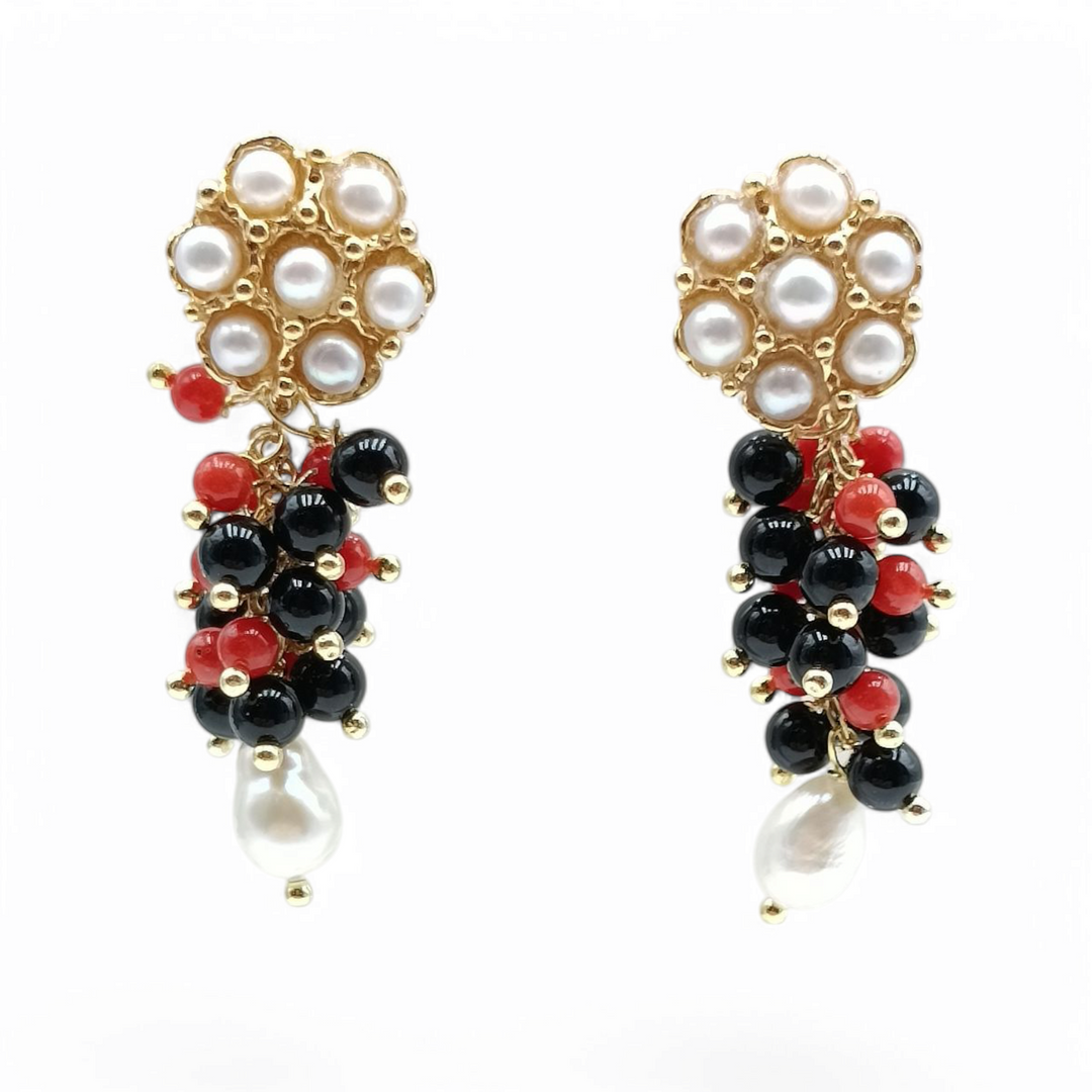 Pearl, coral and agate patch earrings mounted on silver