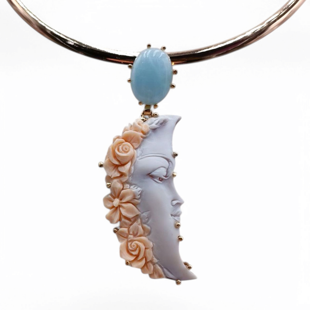Collana ciondolo luna in cammeo e acquamarina montato su argento
