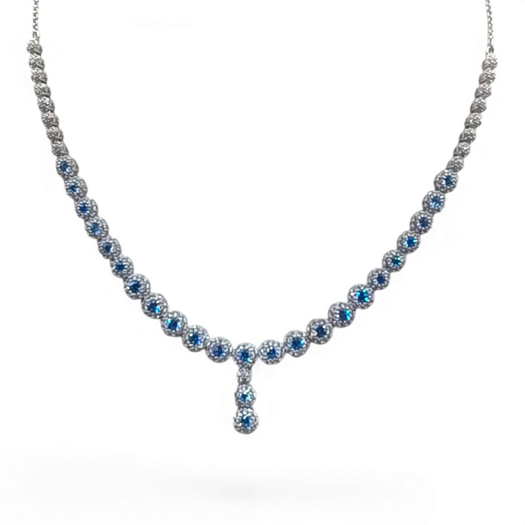 Blue zirconia tennis necklace with zirconia pendant, mounted on silver