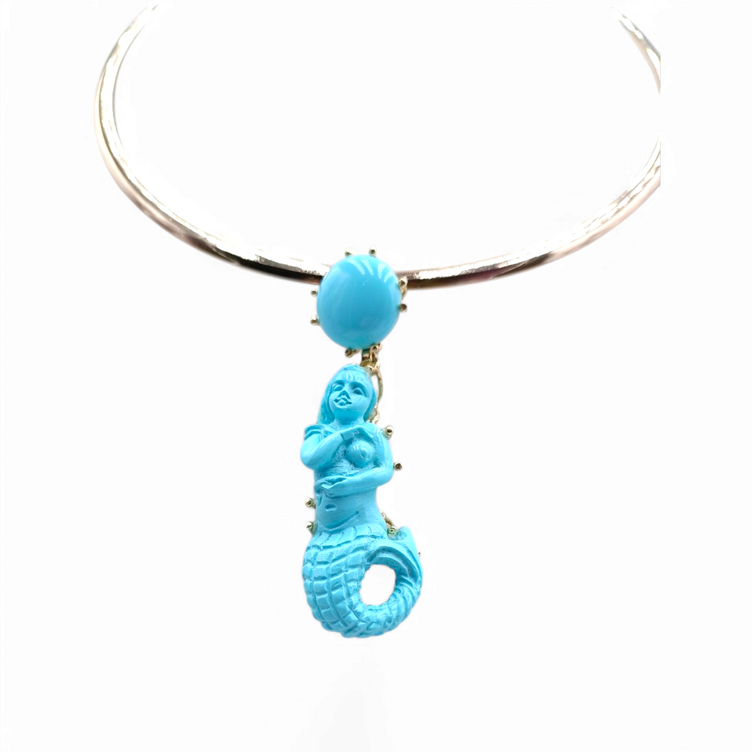 "Mermaid" necklace engraved on turquoise paste mounted on silver