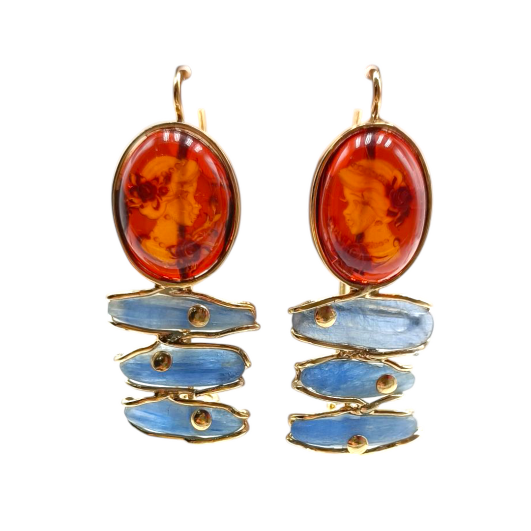 Amber and Kyanite Goddess Earrings Mounted on Silver