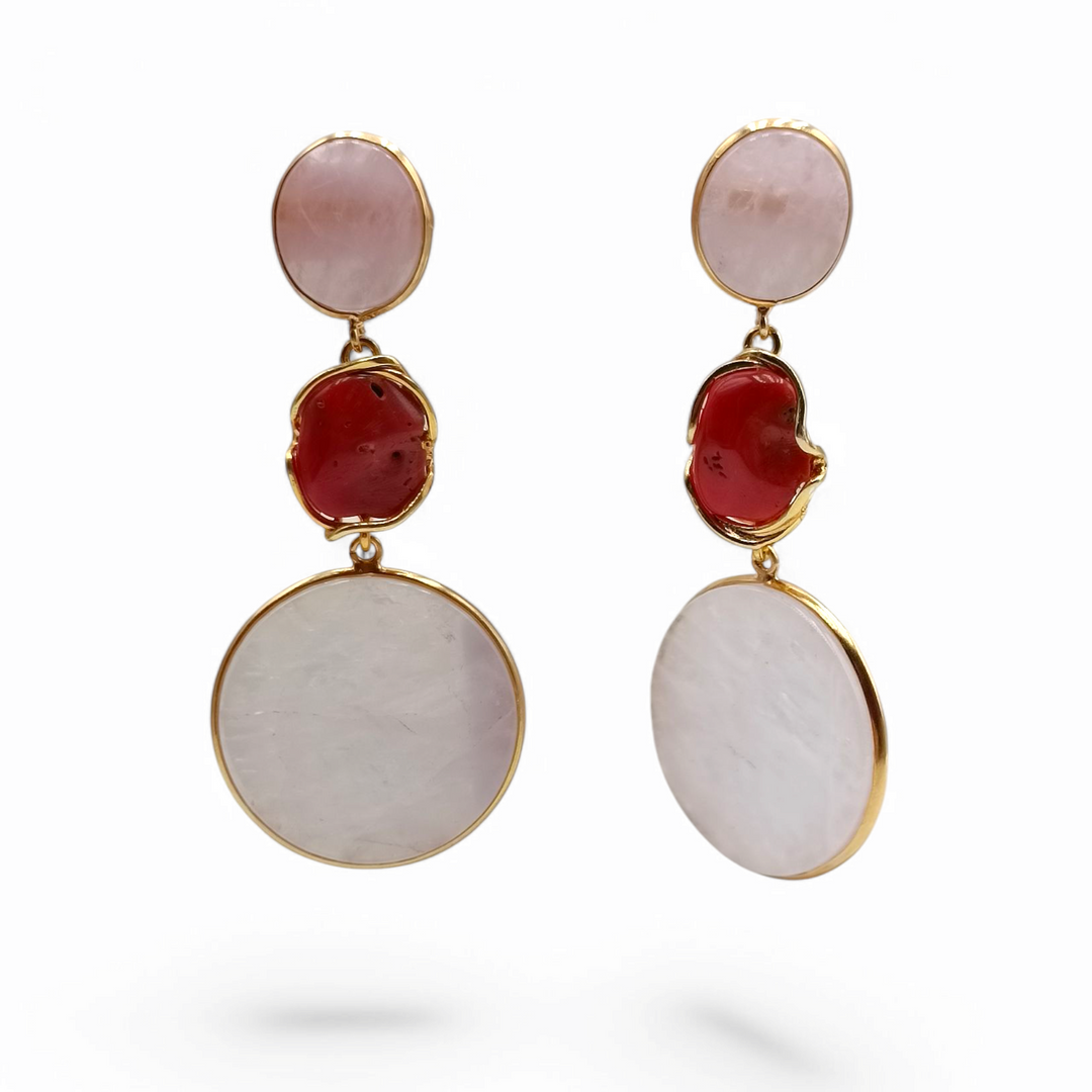 Pink jade and red coral earrings mounted on silver