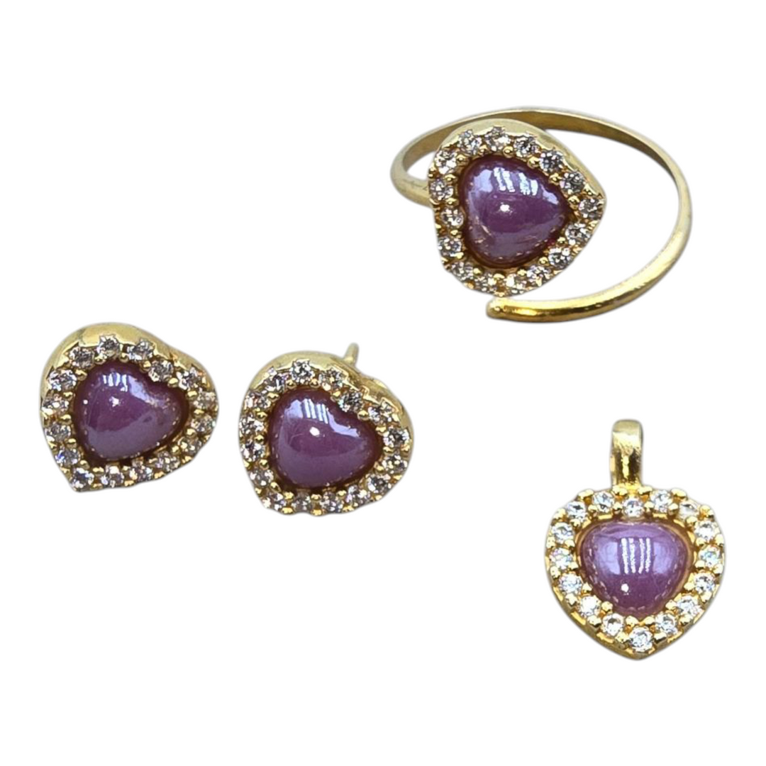 Trio of purple agate hearts mounted in gilded silver