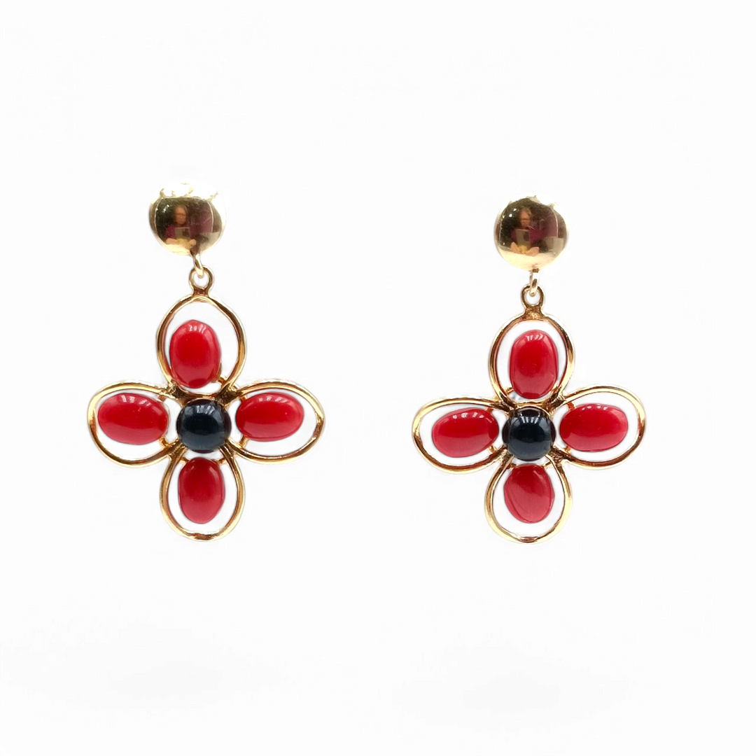 Daisy earrings with coral petals mounted on silver