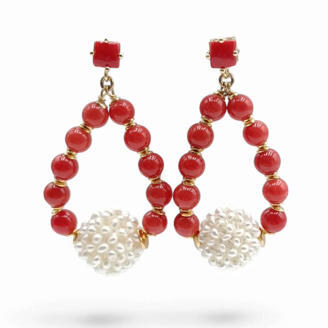 Red coral and pearl earrings in fabric mounted on silver