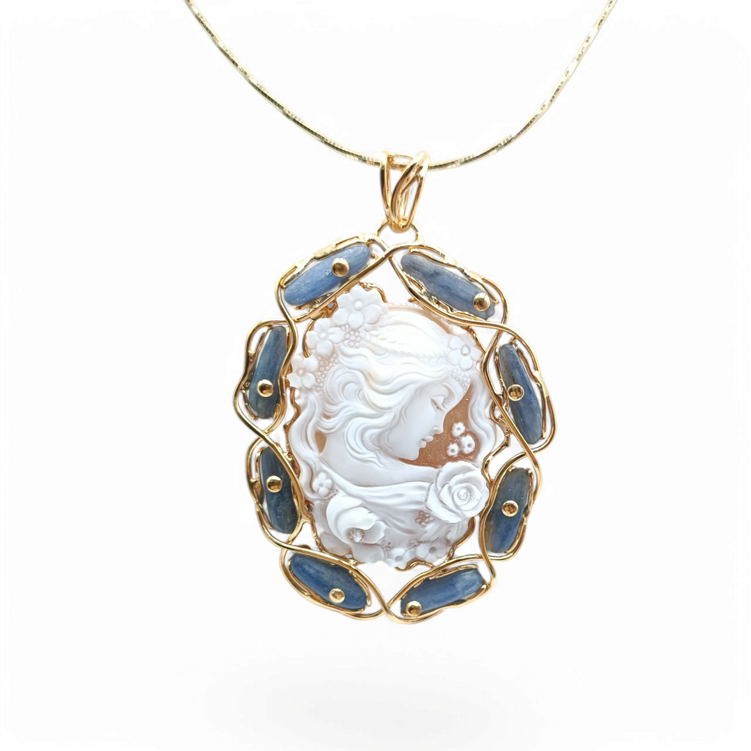 "Goddess Cameo and Kyanite" Pendant Necklace Mounted on Silver