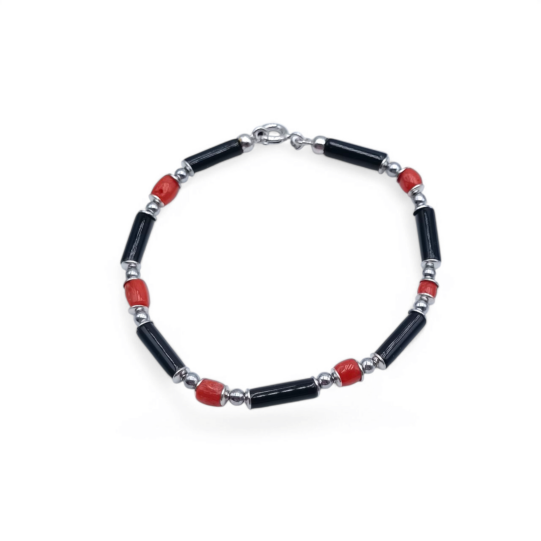 Black agate and coral bracelet mounted on silver