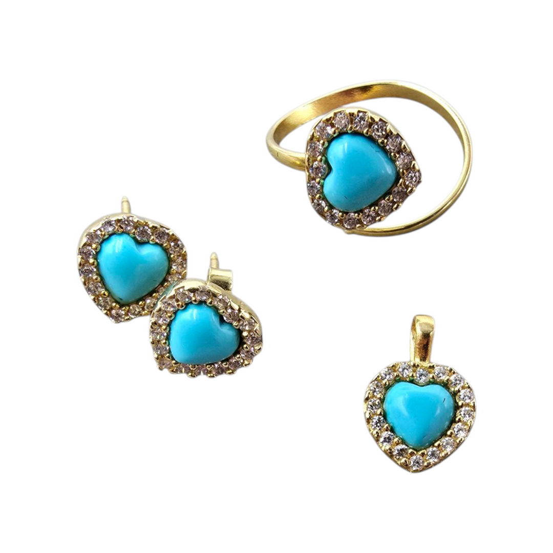 Set of three turquoise paste hearts mounted in gilded silver