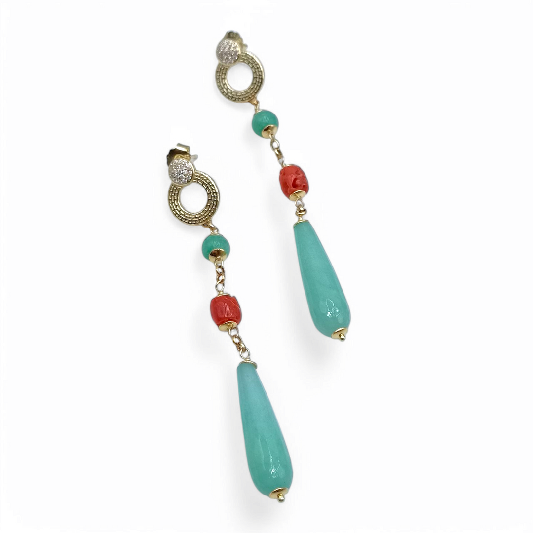Green jade and coral earrings mounted on silver