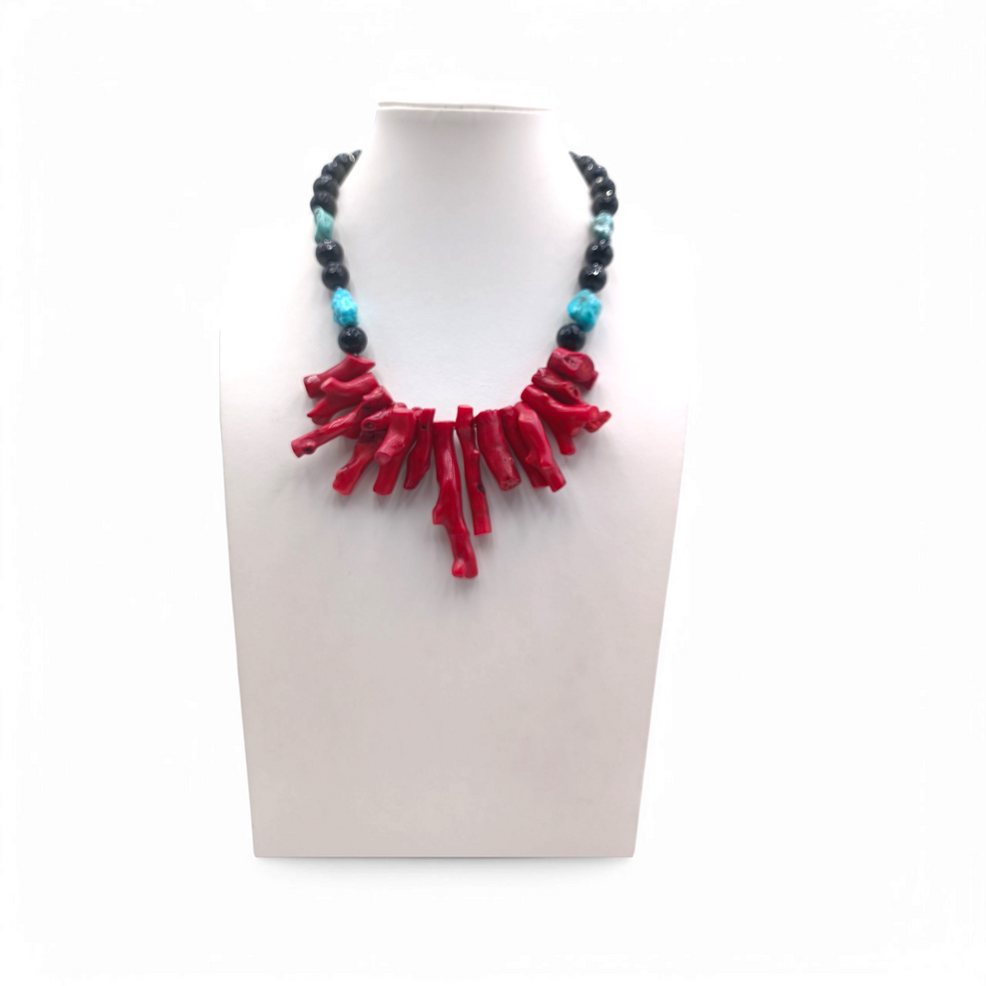 Bamboo coral, black agate, and turquoise paste necklace
