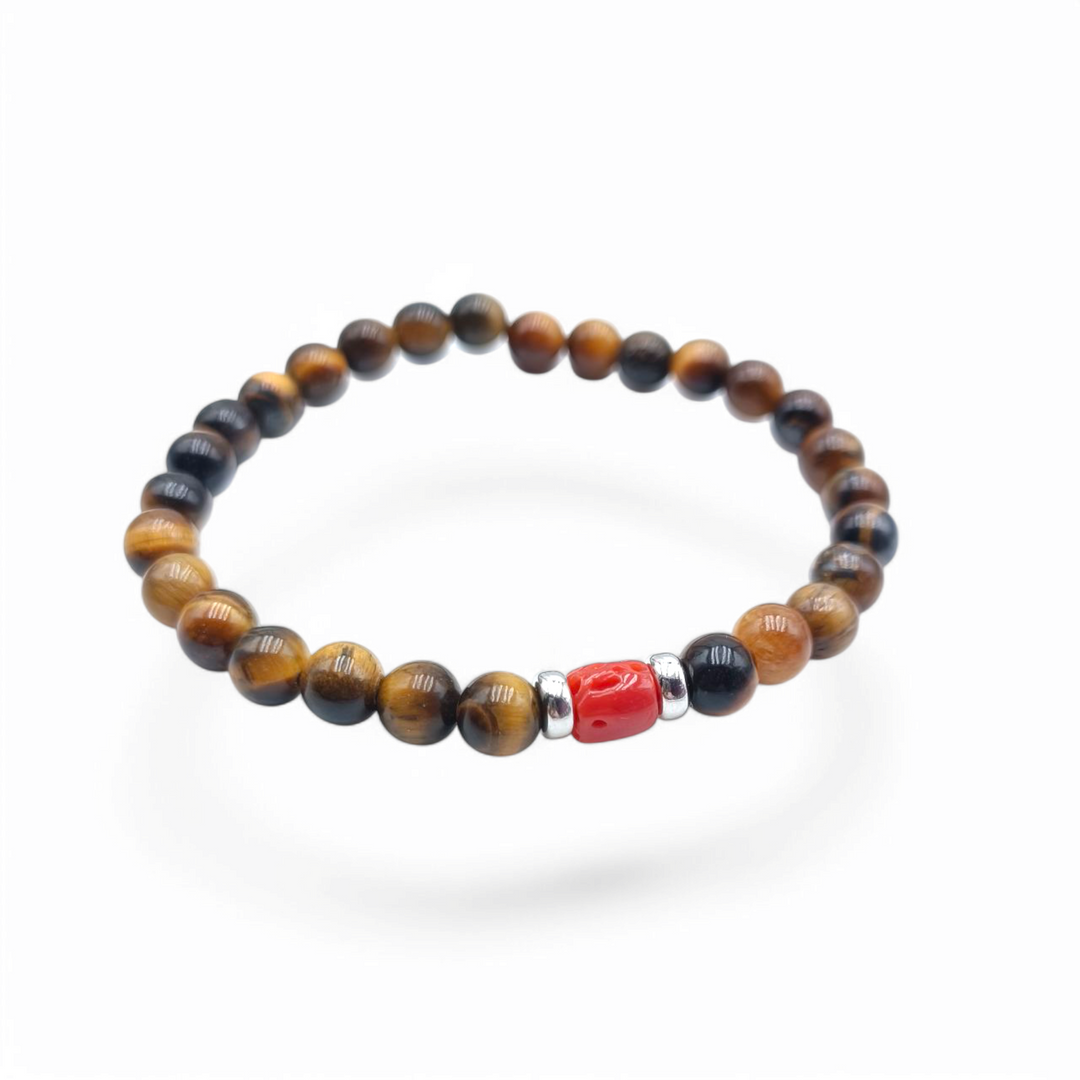 Tiger eye bracelet, coral mounted on silver