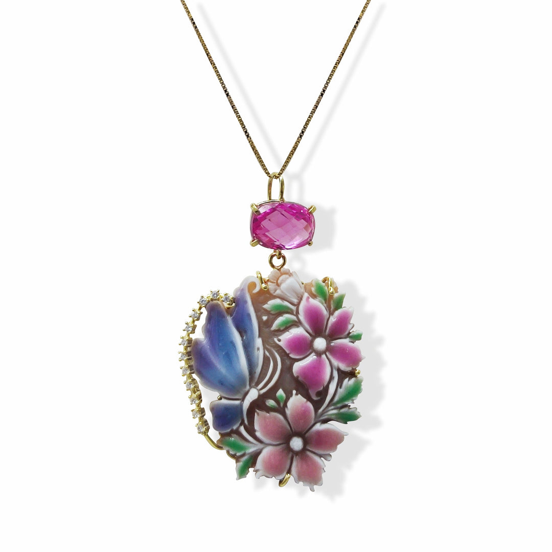 Collana ciondolo fiore farfalla in cammeo montato su argento Lucia Vitiello Gioielli di Napoli