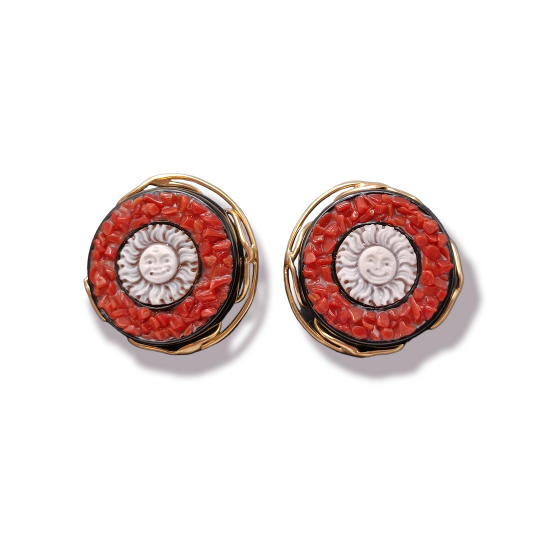 Cameo and coral sun earrings mounted on silver and black agate