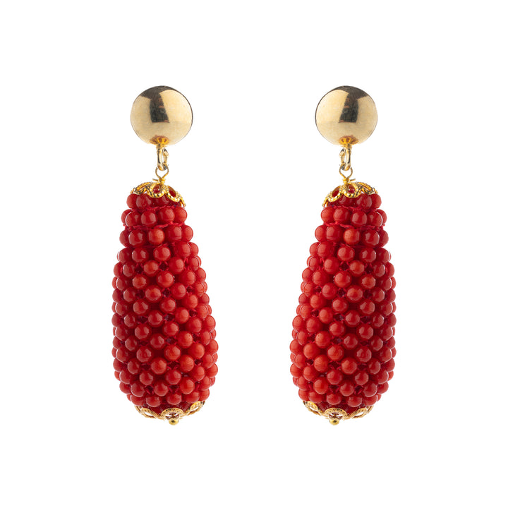 Woven coral pendant earrings mounted on silver