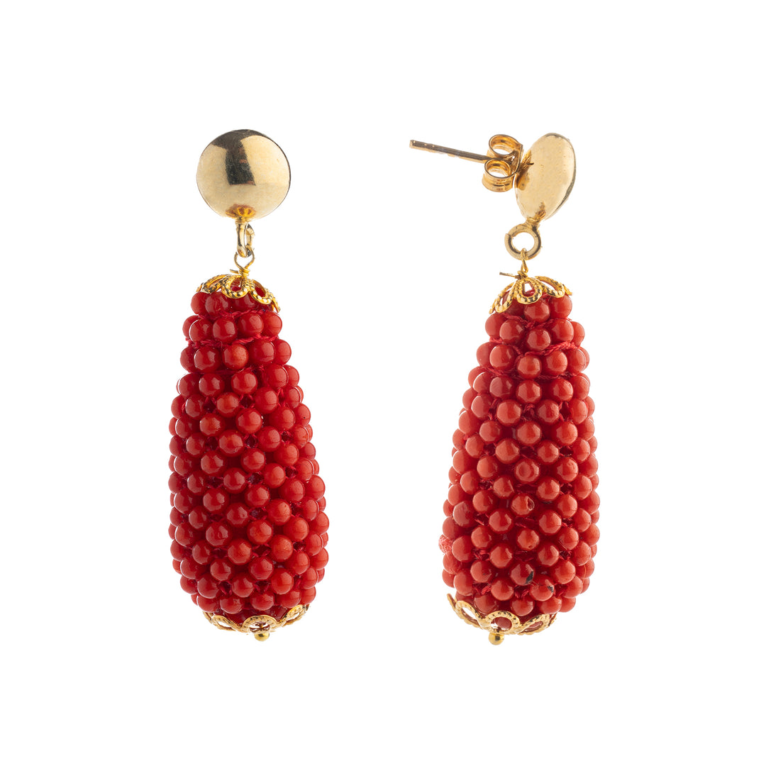 Woven coral pendant earrings mounted on silver