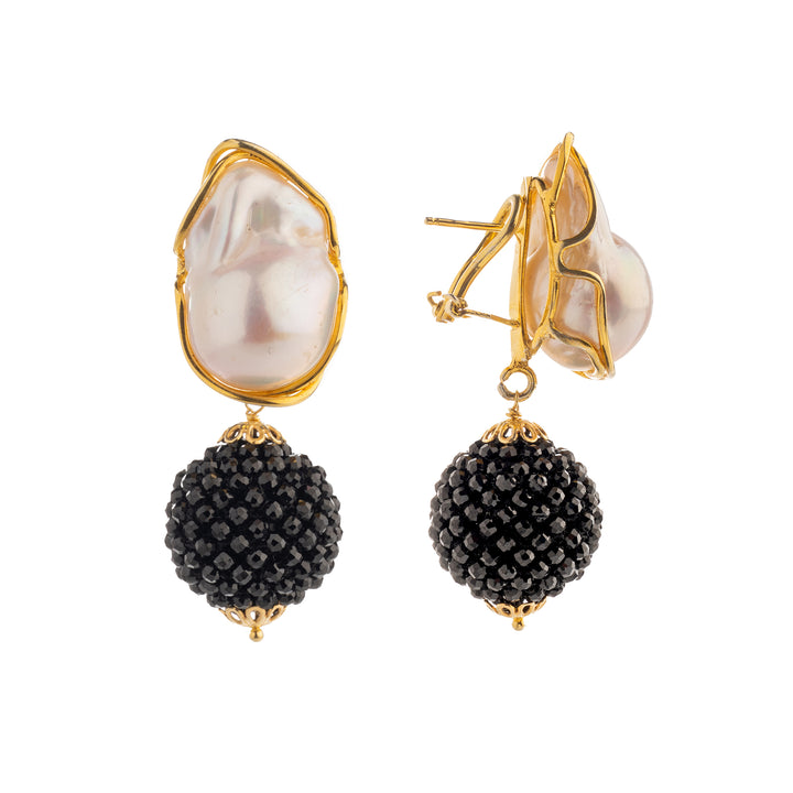 Scaramazza pearl and black spinel earrings mounted on silver