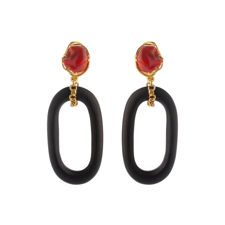 Ebony and coral oval earrings mounted on silver