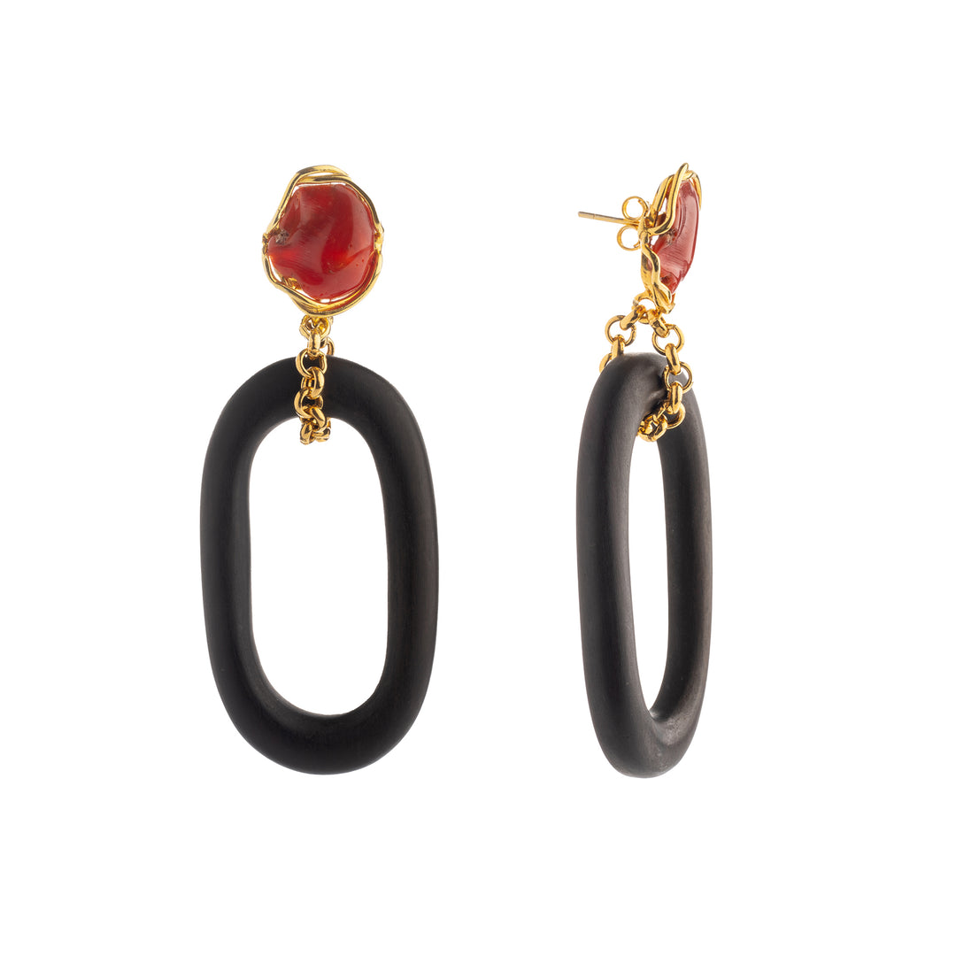 Ebony and coral oval earrings mounted on silver