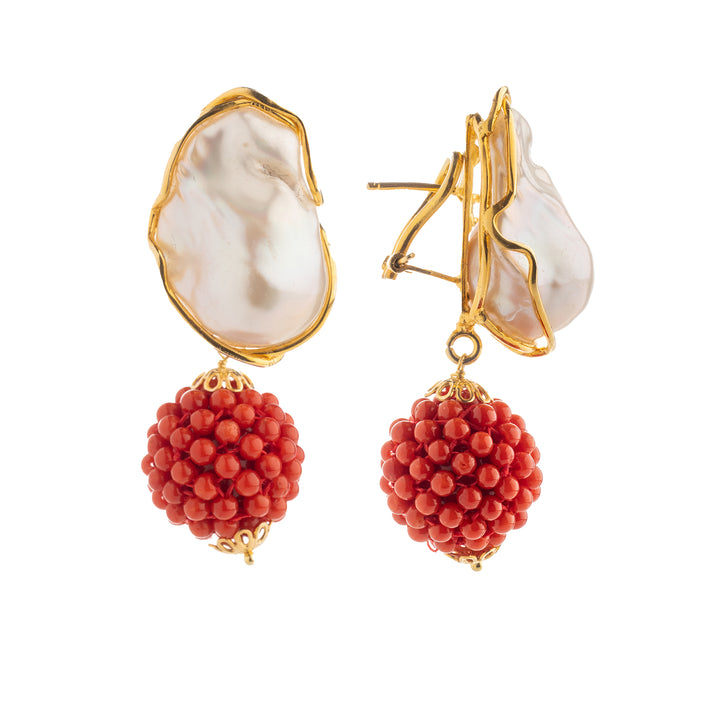Scaramazza pearl and red coral earrings mounted on silver