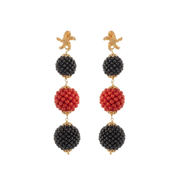 Triptych earrings in red coral and black agate woven mounted on silver