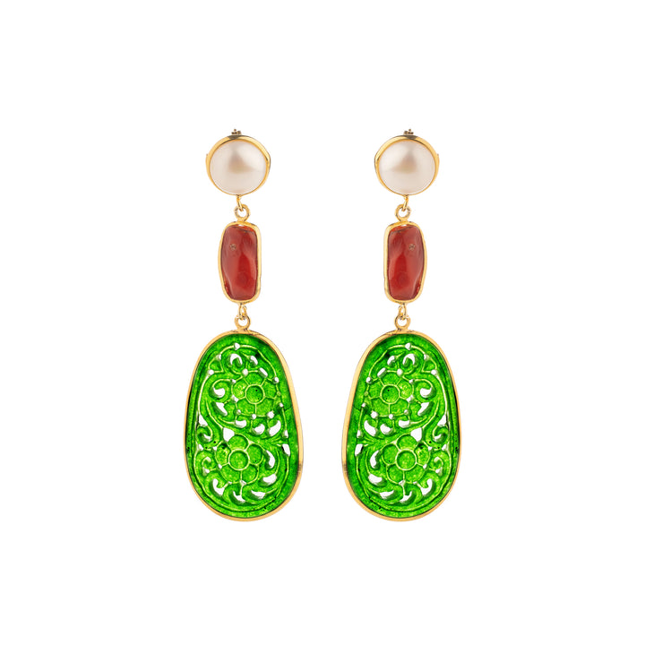 Coral and jade pearl earrings mounted on silver