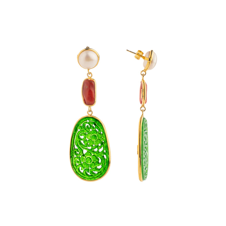 Coral and jade pearl earrings mounted on silver
